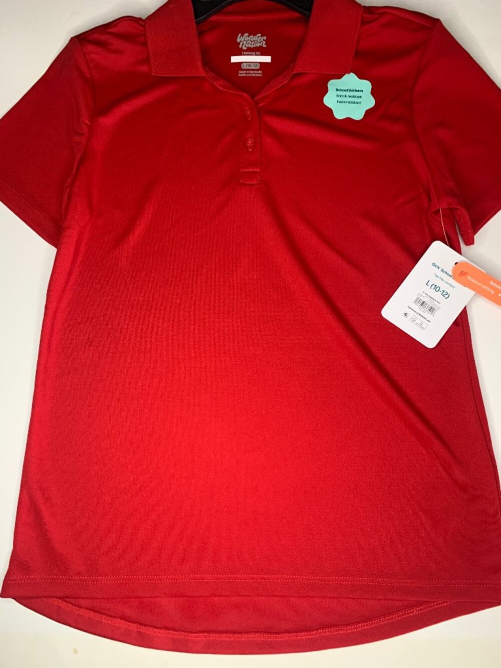 New Wonder Nation Girls School Uniform Performance Polo Shirt, Red,Large (10-12)